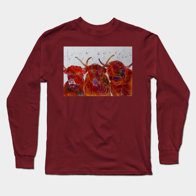 Three Unique Highland Cows Long Sleeve T-Shirt by Casimirasquirkyart
